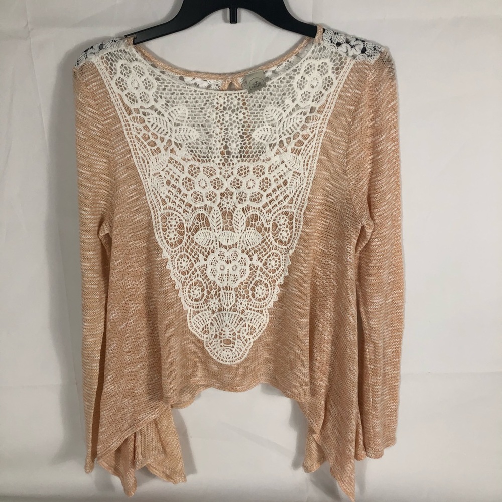 Paper Crane Sweater Womens Medium Asymmetrical Open Knit Lace Shark Bite Hem